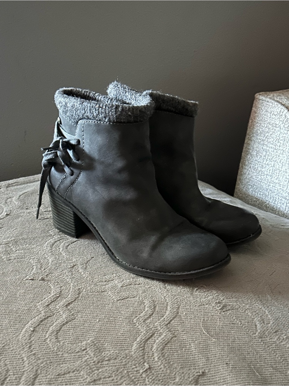 Roxy Grey Faux Suede Ankle Boots with Knit Cuff